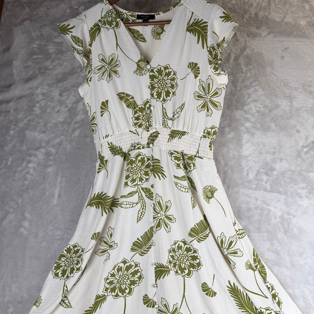 Resortcore Cream Olive Green Botanical Floral‎ Button Front Maxi dress tropical